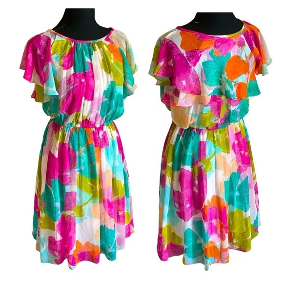 Calvin Klein Colorful Abstract Floral Print Dress Size 4,Coconut Girl SOFTGIRL - Picture 1 of 8
